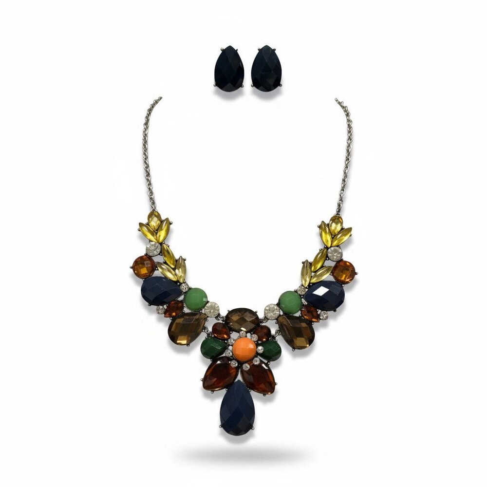 Victorian look Multi Color Brown Green Lucite Stud Necklace Earring Set